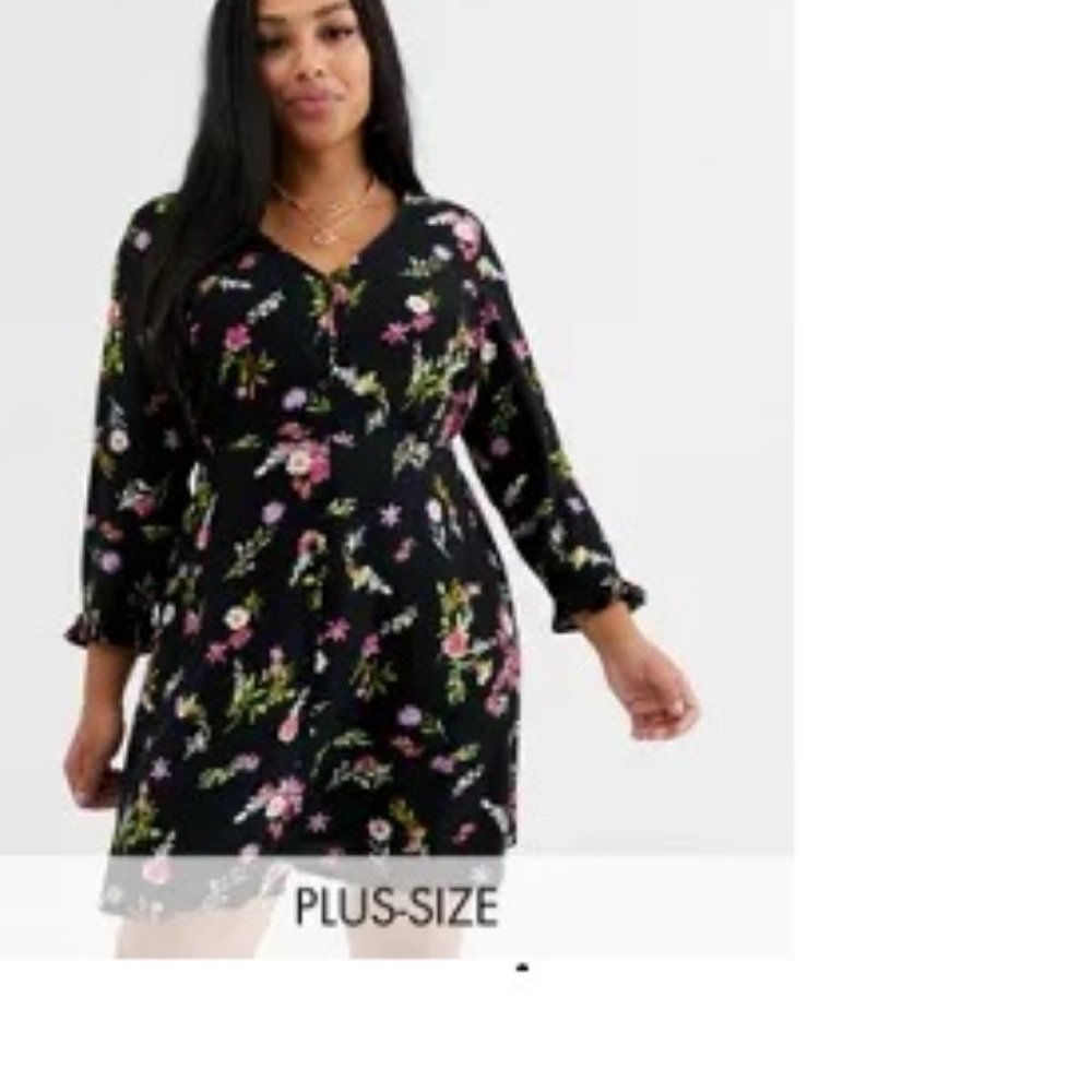 Simply Be Button Through Tea Dress in Black Floral Size 26